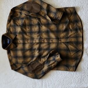 Pendleton Mens Wool Plaid Suede Elbow Patches Trail Shirt Brown and Black Sz L